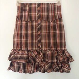 Brown Plaid Western Skirt Size 4 Cowgirl Ruffle hem lined skirt